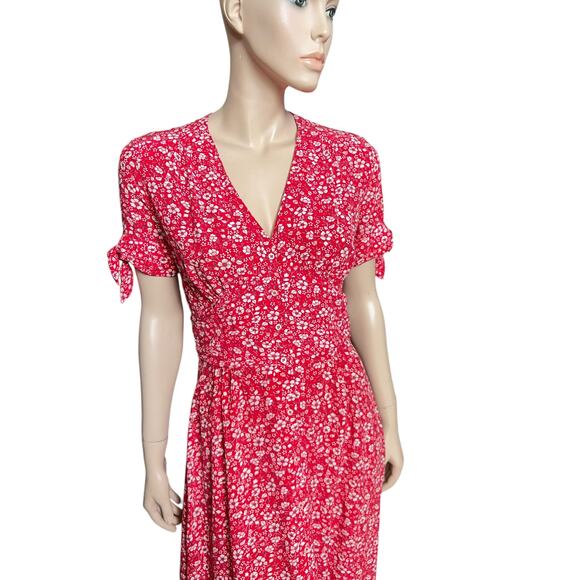 Rouje Laura Midi Dress Red Floral Print Sz 36 Short Sleeves V-Neck 100% Viscose - Picture 2 of 16